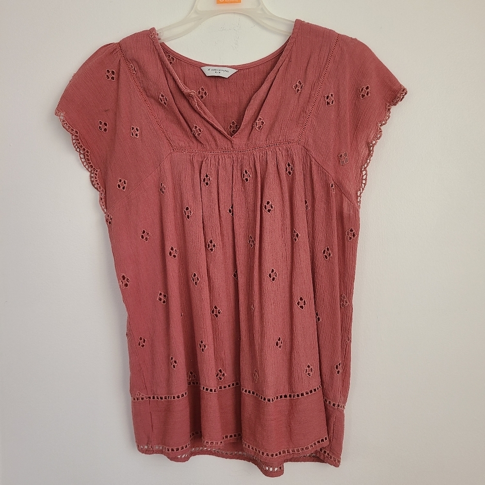 Denver Hayes Dusty Pink Eyelet Blouse Medium Boho Cottagecore Top - Picture 8 of 9